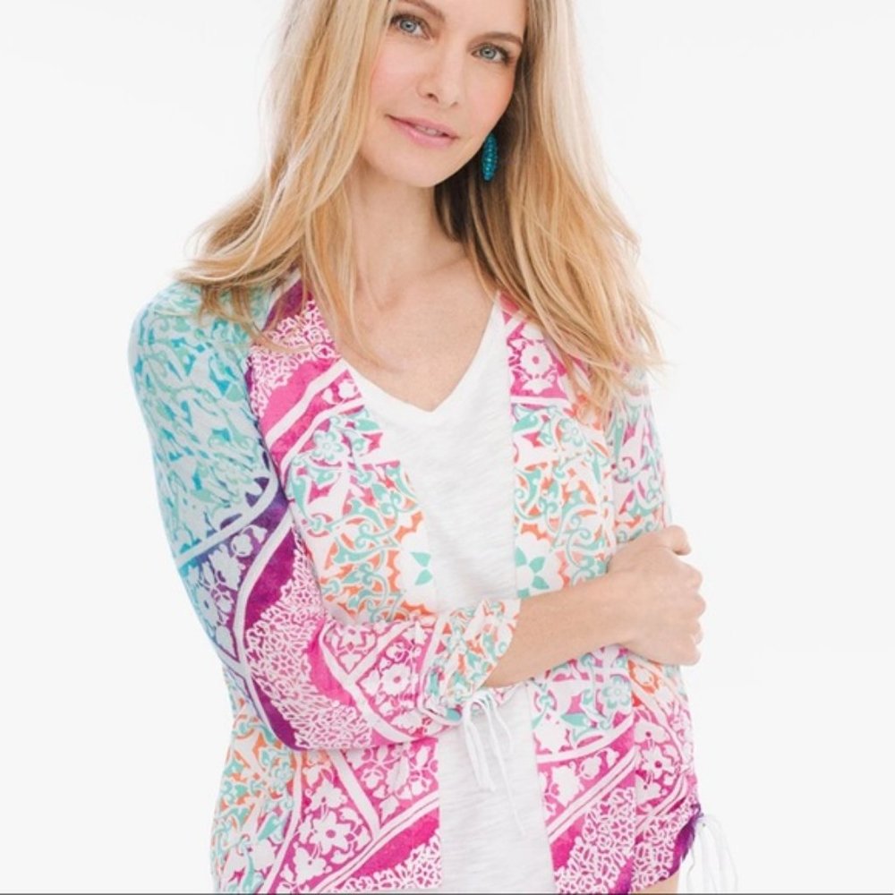 Chicos Medallion Ruched-Sleeve Cardigan with Bonus Scarf 1P